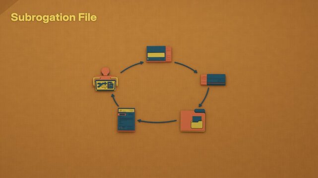 The carrier pays the claim, the insured assigns recovery rights, and the subrogation file proceeds to a reimbursement demand within an established workflow. Flat 3D style; an English title card.