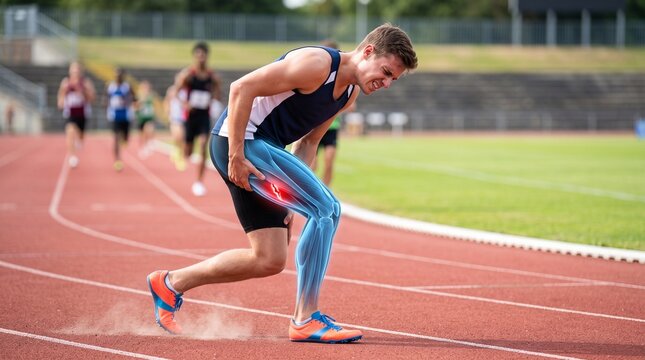 Male athlete suffering from sharp leg pain during a race on a track with anatomical muscle and bone overlay highlighting the injury area