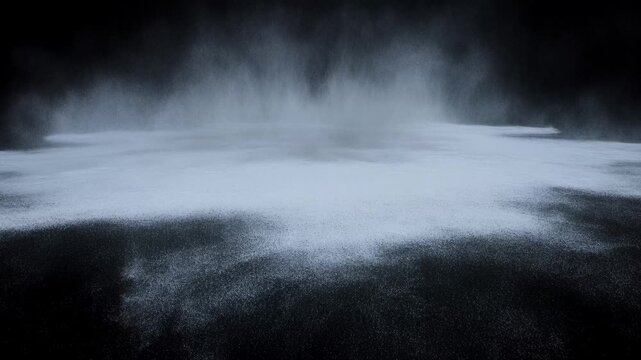 White powder cloud expands and spreads across black background in abstract close view
