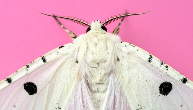 Macro Portrait of White Fluffy Moth with Feathered Antennae on Pink Background