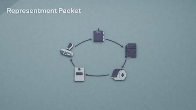 A merchant follows a staged representment procedure, compiling authorization records and receipts for the issuer to reconsider a disputed card payment. Flat 3D style; an English title card.