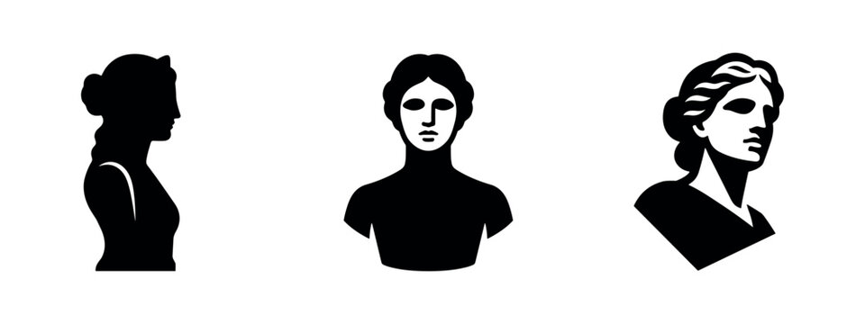 Classical Female Bust Sculpture Icons Set. Art and History Symbols.