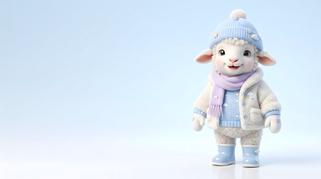 Cute anthropomorphic lamb wearing a winter hat and scarf on blue background