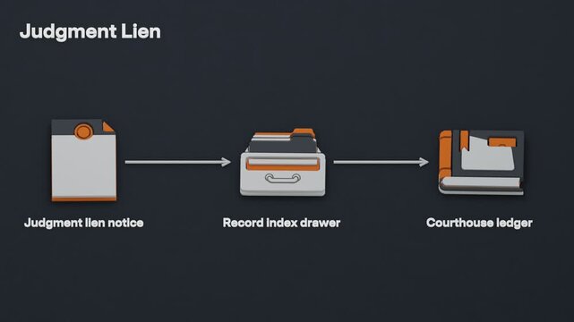 A judgment lien notice is filed, stamped by the recorder and indexed, with the resulting cloud reflected in the title abstract. Flat 3D style; objects labelled in English.