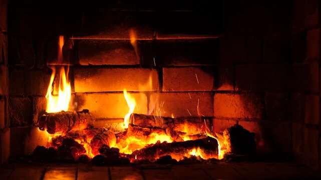 Cozy fireplace warmth illuminates brick hearth as flickering flames dance over stacked logs, revealing ember glow for intimate home evenings indoors winter comfort