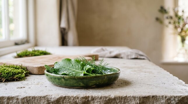 Fresh sorrel and dill in a green ceramic dish