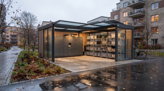 Modern automated parcel locker station in residential area, smart delivery hub with glass roof, secure outdoor package pickup lockers for apartment residents