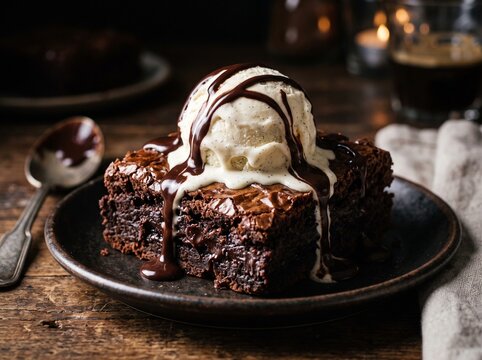 Warm dark chocolate fudge brownie with vanilla ice cream scoop and chocolate drizzle, generative AI