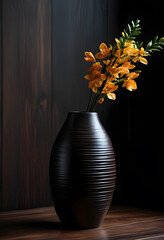 Obraz premium Interior design and home decor, yellow flowers in a dark wooden vase on a rustic table against a moody textured wall for luxury living room styling