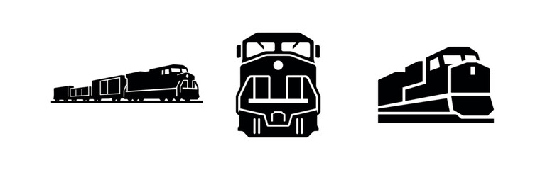 Modern freight train icon set: powerful locomotives and cargo wagons. © Lili