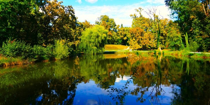 City park with colorful autumn trees and peaceful lake with paths and water reflection, peaceful travel destination