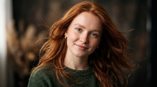 close portrait of young redhead woman with windblown hair  
