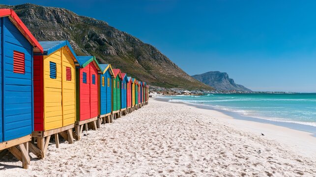 Colorful beach huts on sandy beach.
