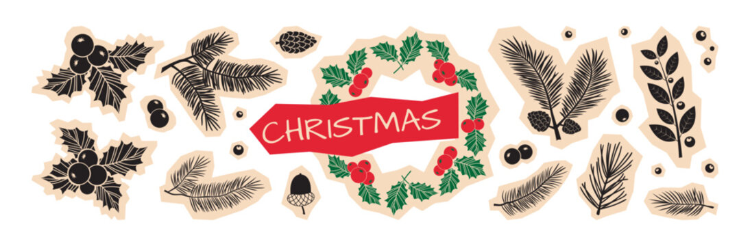 Christmas pine and fir branch sticker scrapbook, winter berry, needle leaf black silhouette. Xmas pine cone, mistletoe decor, foliage New Year isolated on white background. Cartoon vector illustration