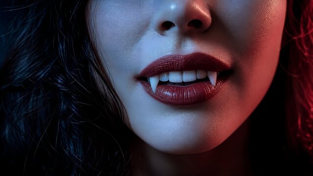 Vampire fangs in human mouth on white background