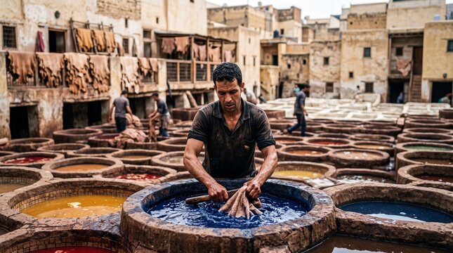 vibrant colorful tannery vats located in ancient fez morocco  
