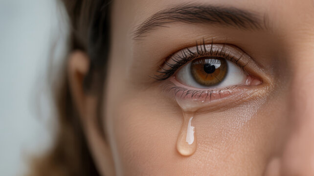 Close-up of a woman's eye with a tear rolling down, sadness and emotion concept