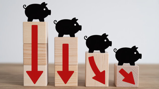 Piggy banks on decreasing blocks with red arrows, financial decline concept.