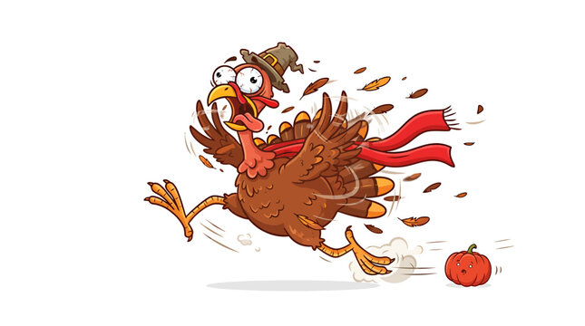 Funny cartoon turkey running away in a panic wearing a pilgrim hat during autumn with thanksgiving