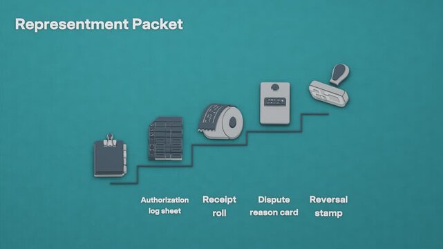 The merchant's representment packet takes focus while supporting evidence and the issuer's chargeback response await their turn. Flat 3D style; objects labelled in English.