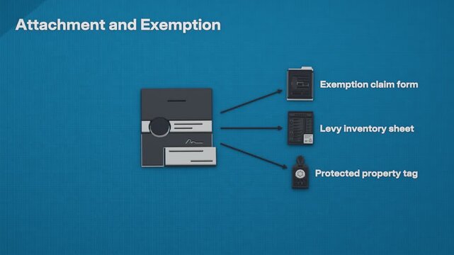 A writ of attachment prompts an exemption claim and sheriff's inventory, identifying protected property for release by court order. Flat 3D style; objects labelled in English.
