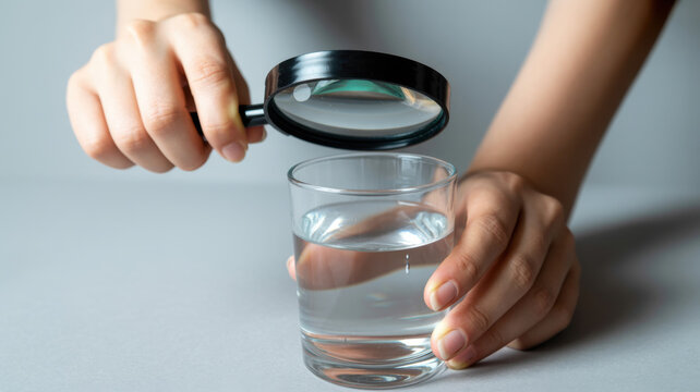 Hand inspecting clear water in a glass with a magnifying glass for purity