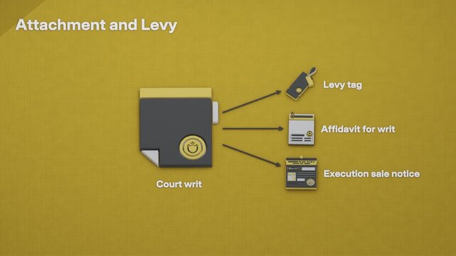 A writ obtained by affidavit authorizes a levy, with seized property held pending a release bond or execution sale. Flat 3D style; objects labelled in English.