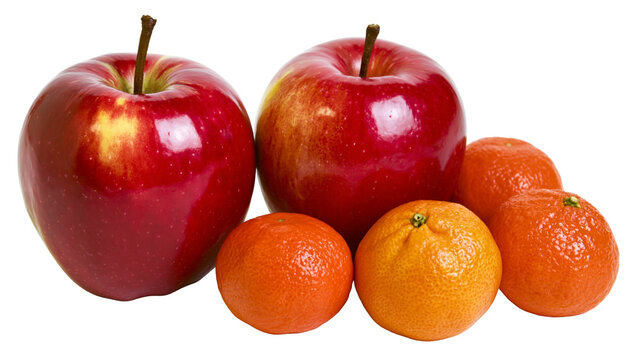Isolated two glossy red apples and three fresh ripe tangerines, a vibrant healthy fruit group.