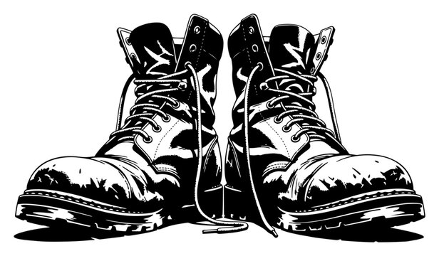 Worn leather work boots pair silhouette, rugged combat boots with laces, vintage industrial footwear vector illustration
