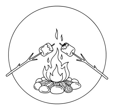 Campfire with roasting marshmallows on sticks circular frame line art, outdoor camping bonfire vector illustration