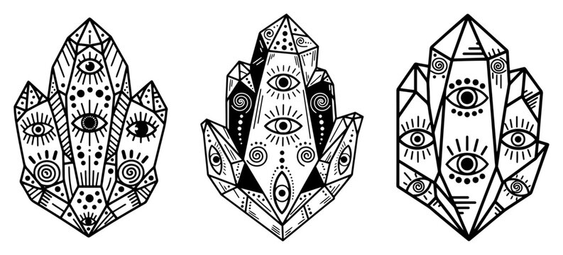 Mystical crystal cluster with all-seeing eyes, sacred geometry mineral amulet and occult gem vector illustration
