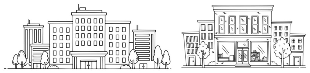 City street buildings and storefront facade set, urban architecture exterior line art vector illustration © Luka