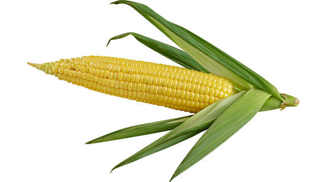 Isolated fresh ear of corn with green husks, showcasing vibrant yellow kernels, harvest produce.