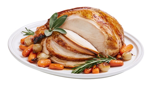 Isolated delicious roasted turkey breast, perfectly carved, with fresh herbs and vegetables.