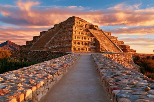 El Tajin pyramid ruins in Mexico at sunset with dramatic cloudscape