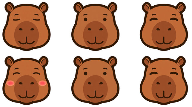 Isolated set of cute cartoon capybara faces showing various expressions, animal illustration