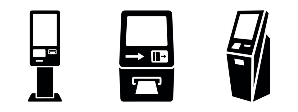 Set of three black icons illustrating various self-service kiosks or payment terminals.