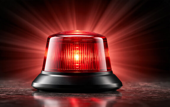 Glowing red emergency siren light with dramatic light rays.