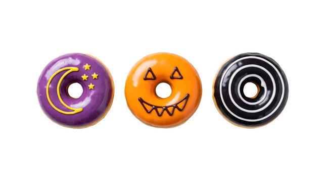 Top down flat lay of Halloween themed donuts with icing frosting isolated on transparent background