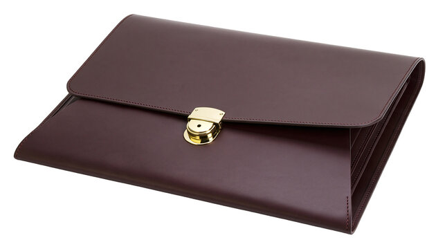 Isolated professional burgundy leather document organizer folio with a sophisticated gold clasp.