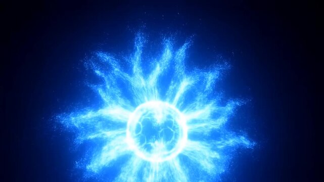 Glowing Blue Energy Sphere Bursts Into Radiant Particles Against Dark Background