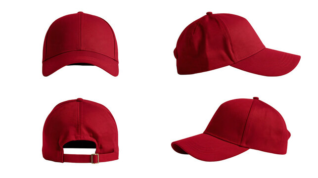 Isolated blank red baseball cap mock-up presented from front, back, and side views