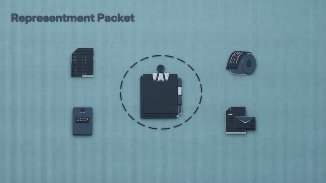 The merchant's representment packet takes focus while supporting evidence and the issuer's chargeback response await their turn. Flat 3D style; an English title card.