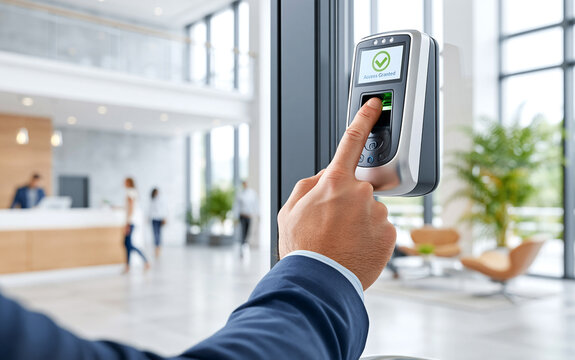 Secure entry into a contemporary business office via biometric fingerprint scanner.