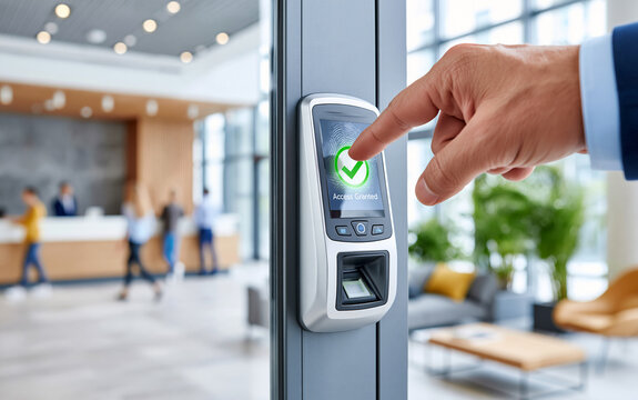 Secure entry into a contemporary business office via biometric fingerprint scanner.
