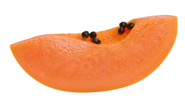 Isolated ripe and delicious papaya fruit slice with black seeds, a healthy tropical food ingredient
