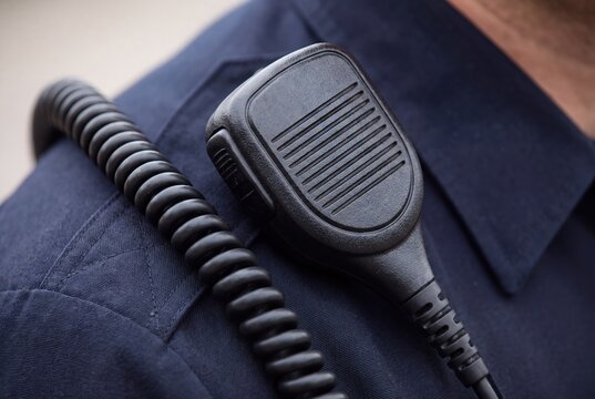 Police officer radio microphone closeup on uniform professional security