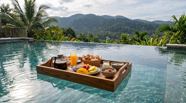 Floating wooden breakfast tray filled with tropical fruit and hot coffee in a serene swimming pool