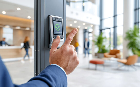 Secure entry into a contemporary business office via biometric fingerprint scanner.