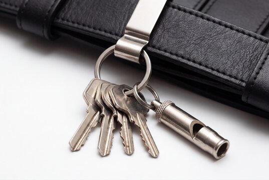 Keychain with keys and whistle attached to black leather belt holder